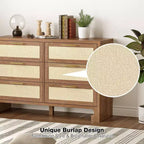Commode double à 6 tiroirs pour chambre à coucher, commode en bois avec motif en toile de jute, commode de rangement classifié avec poignée en métal doré