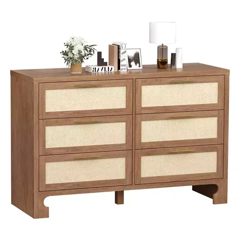 Commode double à 6 tiroirs pour chambre à coucher, commode en bois avec motif en toile de jute, commode de rangement classifié avec poignée en métal doré