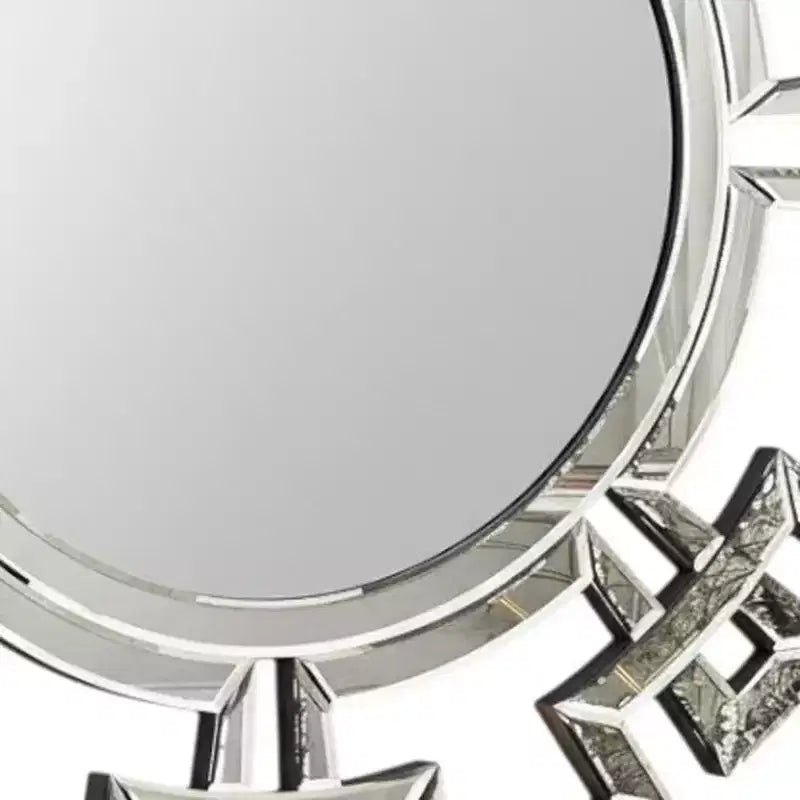 Miroir mural rond de 32 pouces avec cadre géométrique en verre Art déco – Argenté