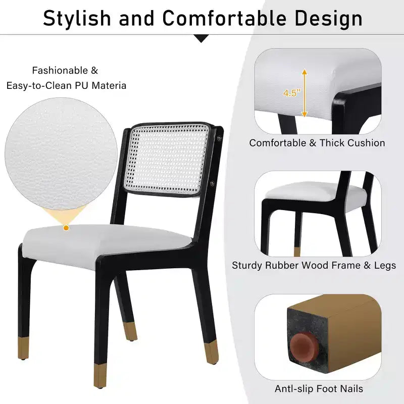 Lot de 2 chaises de salle à manger, chaises d'appoint modernes de style campagnard avec dossier en rotin et pieds en bois d'hévéa