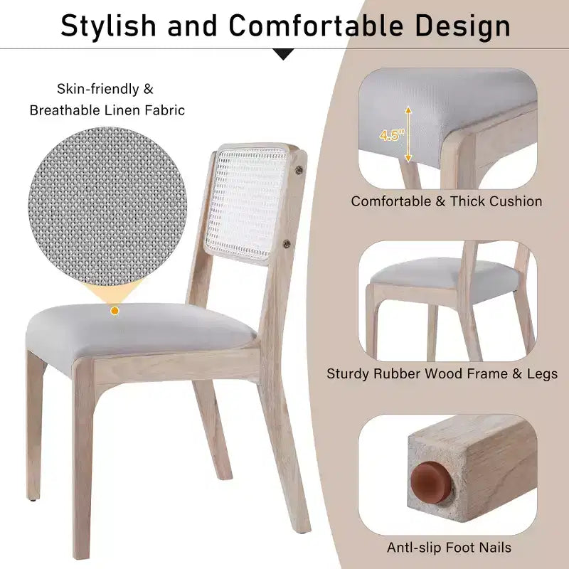 Lot de 2 chaises de salle à manger, chaises d'appoint modernes de style campagnard avec dossier en rotin et pieds en bois d'hévéa