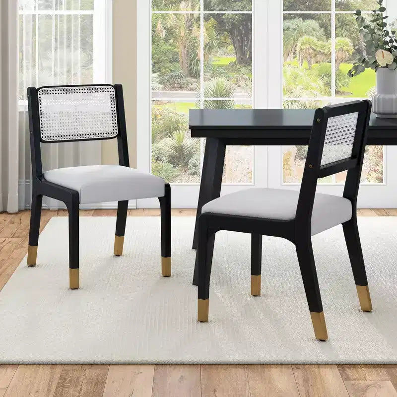 Lot de 2 chaises de salle à manger, chaises d'appoint modernes de style campagnard avec dossier en rotin et pieds en bois d'hévéa