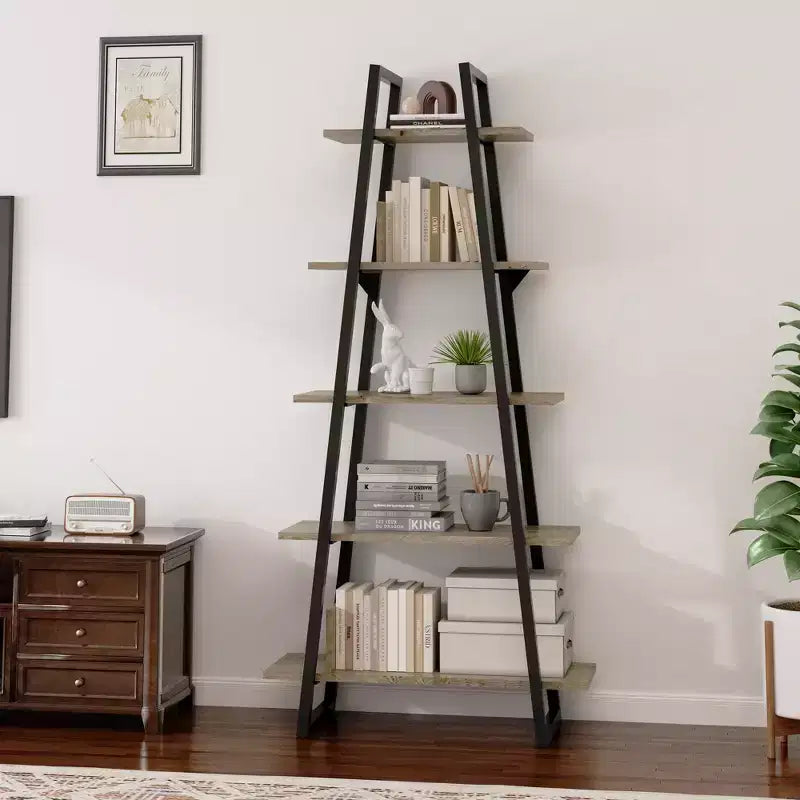 Étagère bibliothèque à 5 niveaux, étagère sur pied de style rétro avec étagères, tour de rangement haute pour CD, films et livres, étagère de rangement étroite pour chambre à coucher