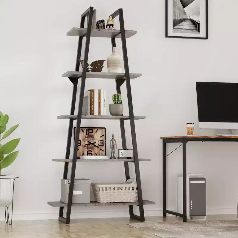 Étagère bibliothèque à 5 niveaux, étagère sur pied de style rétro avec étagères, tour de rangement haute pour CD, films et livres, étagère de rangement étroite pour chambre à coucher