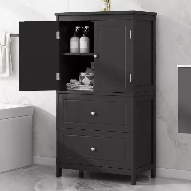 Meuble de rangement de salle de bain avec deux portes et tiroirs Étagère réglable Panneau MDF Noir