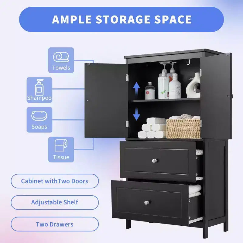 Meuble de rangement de salle de bain avec deux portes et tiroirs Étagère réglable Panneau MDF Noir