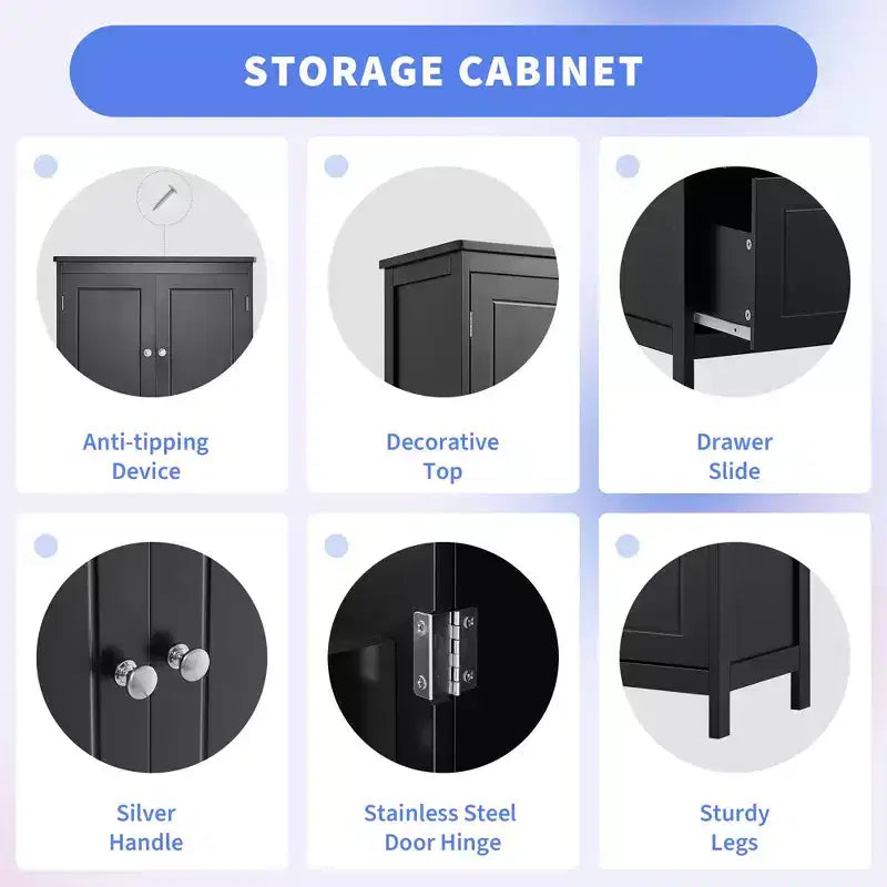 Meuble de rangement de salle de bain avec deux portes et tiroirs Étagère réglable Panneau MDF Noir