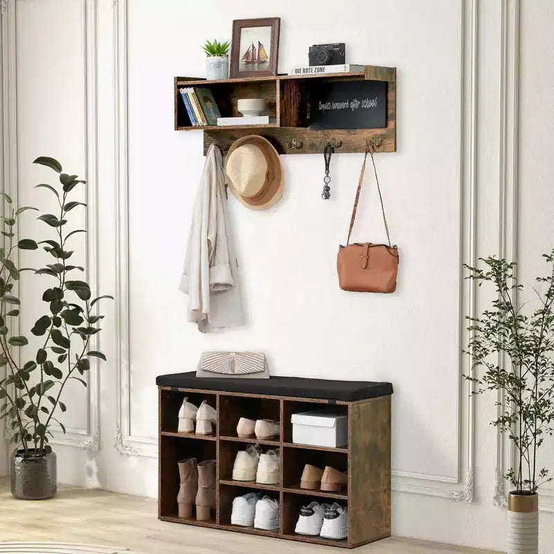 Meuble d'entrée 5 crochets avec porte-manteaux et banc à chaussures
