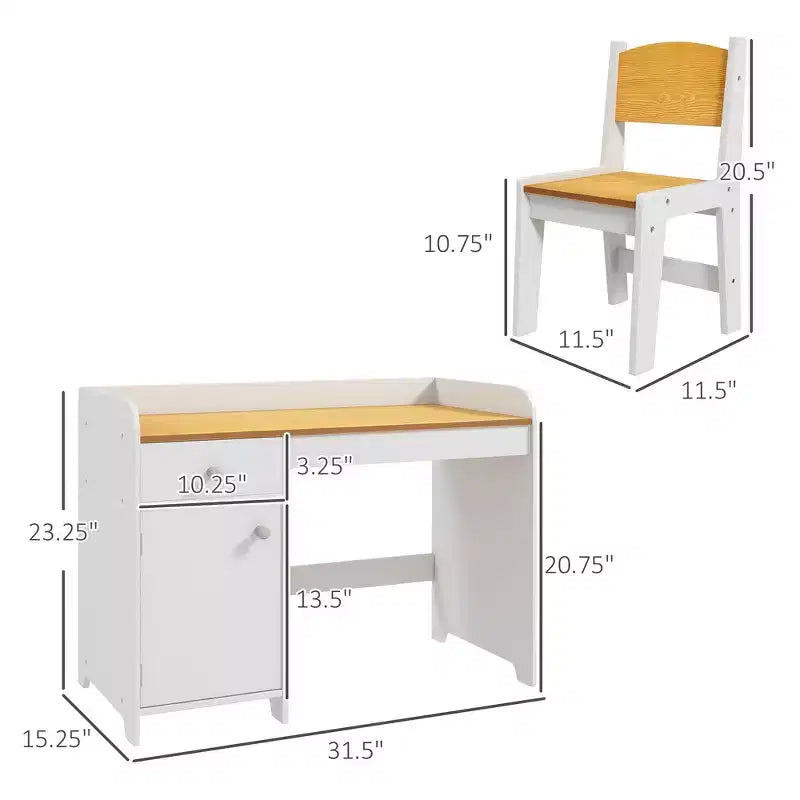 Ensemble bureau et chaise 2 pièces pour enfant avec tiroir de rangement - Blanc