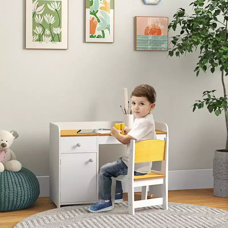 Ensemble bureau et chaise 2 pièces pour enfant avec tiroir de rangement - Blanc