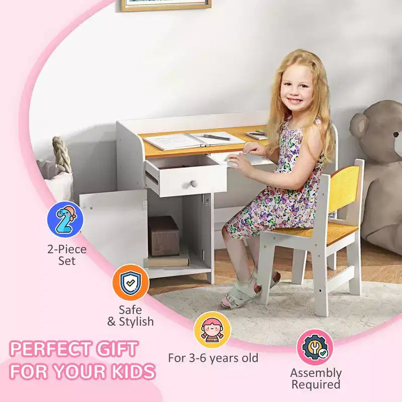Ensemble bureau et chaise 2 pièces pour enfant avec tiroir de rangement - Blanc
