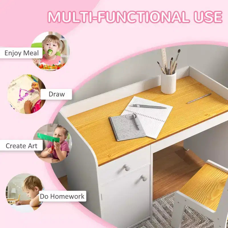 Ensemble bureau et chaise 2 pièces pour enfant avec tiroir de rangement - Blanc
