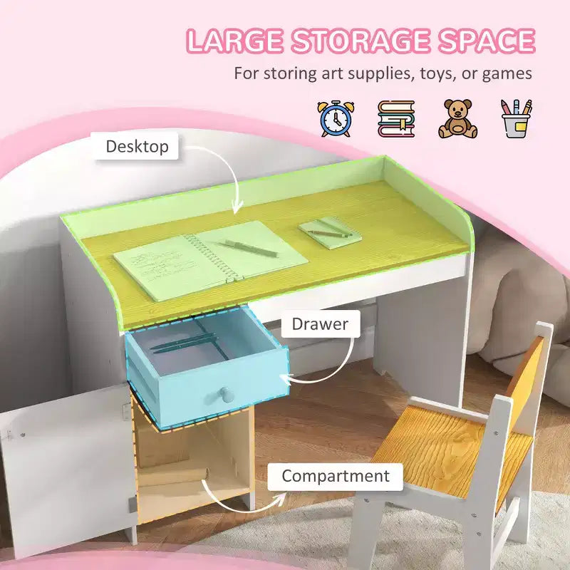 Ensemble bureau et chaise 2 pièces pour enfant avec tiroir de rangement - Blanc