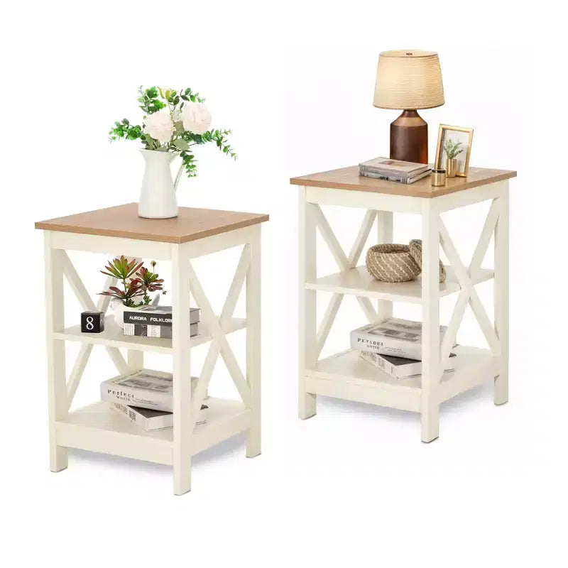 Lot de 2 tables d'appoint de ferme – Tables d'appoint rustiques à 3 niveaux avec cadre en X