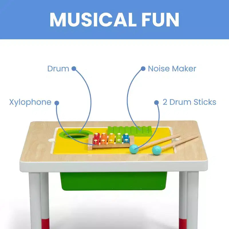 Table sensorielle pour enfants avec instruments de musique et surface de jeu double face