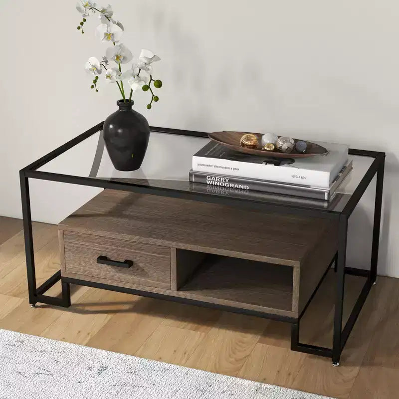 Table basse rectangulaire avec plateau en verre trempé et rangement