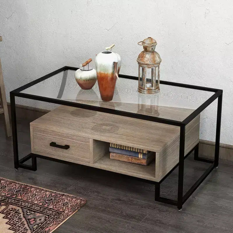 Table basse rectangulaire avec plateau en verre trempé et rangement