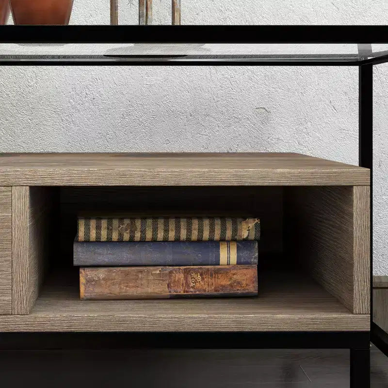 Table basse rectangulaire avec plateau en verre trempé et rangement