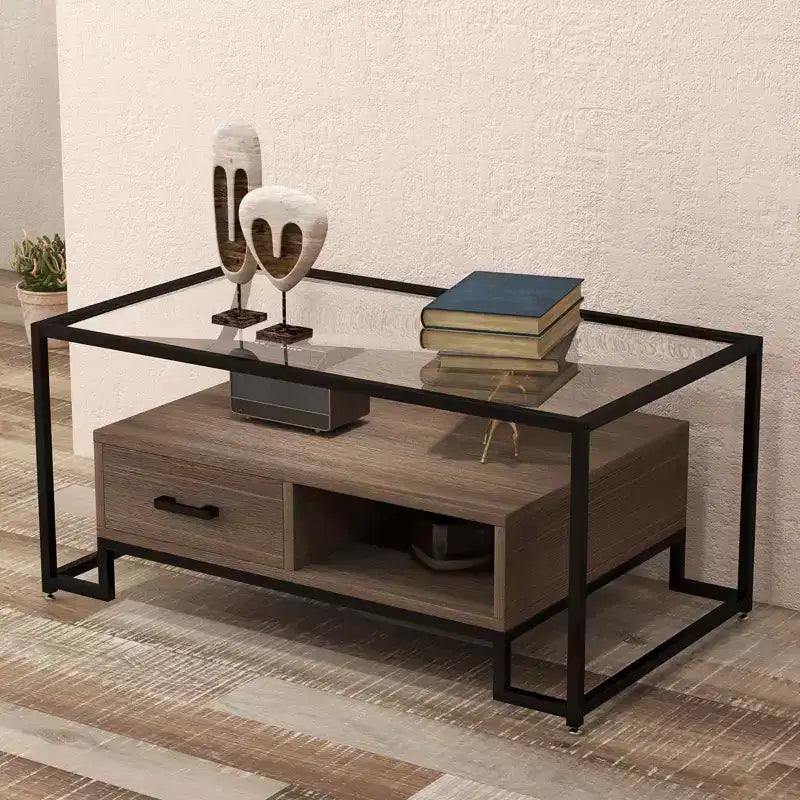 Table basse rectangulaire avec plateau en verre trempé et rangement