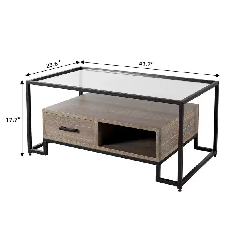 Table basse rectangulaire avec plateau en verre trempé et rangement