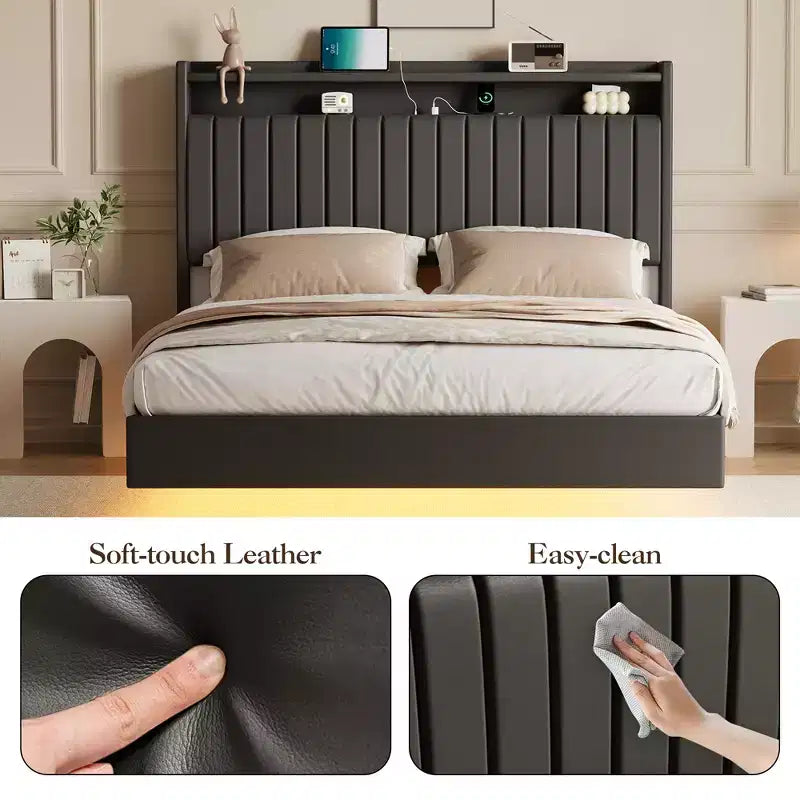 Floating bed frame, modern upholstered platform bed with storage headboard and lamp, wooden slat support, no box spring required, easy to assemble