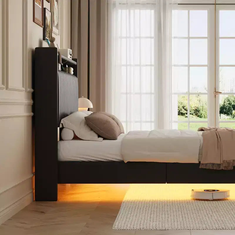 Lit flottant, lit plateforme moderne rembourré avec tête de lit de rangement et lampe, support à lattes en bois, pas besoin de sommier tapissier, facile à assembler