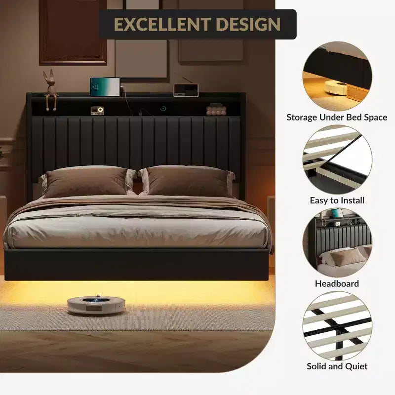 Lit flottant, lit plateforme moderne rembourré avec tête de lit de rangement et lampe, support à lattes en bois, pas besoin de sommier tapissier, facile à assembler