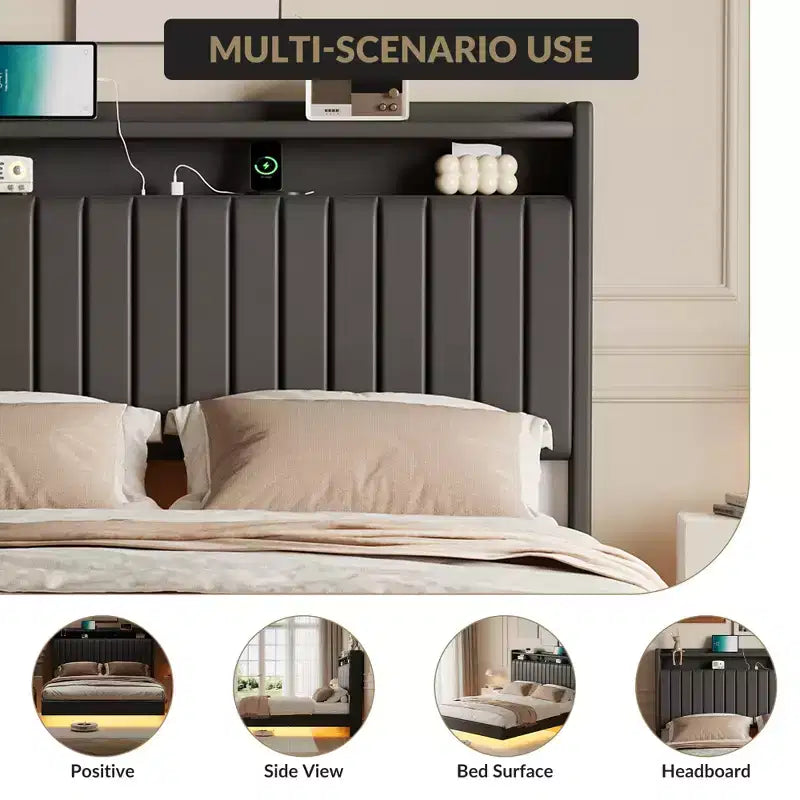 Lit flottant, lit plateforme moderne rembourré avec tête de lit de rangement et lampe, support à lattes en bois, pas besoin de sommier tapissier, facile à assembler