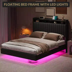 Lit flottant, lit plateforme moderne rembourré avec tête de lit de rangement et lampe, support à lattes en bois, pas besoin de sommier tapissier, facile à assembler
