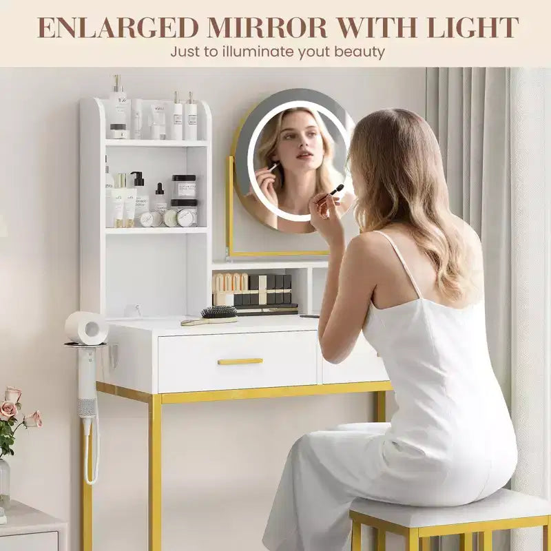 Coiffeuse avec miroir rotatif et éclairage LED