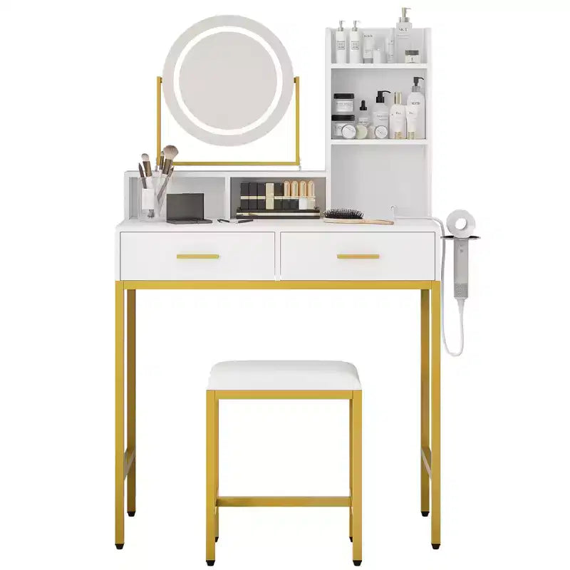 Coiffeuse avec miroir rotatif et éclairage LED