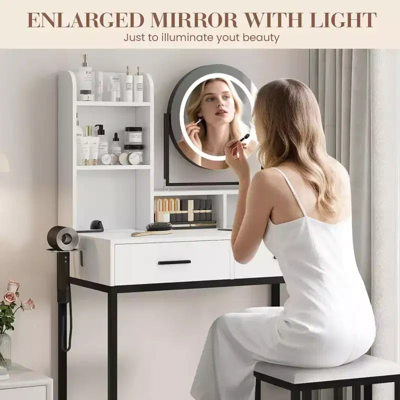 Coiffeuse avec miroir rotatif et éclairage LED