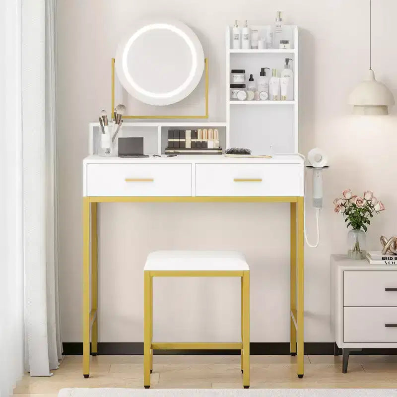 Coiffeuse avec miroir rotatif et éclairage LED