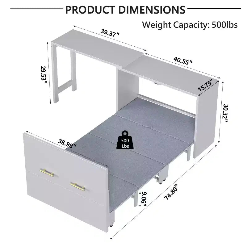 Lit escamotable double avec bureau et commode – Comprend un coussin pliable
