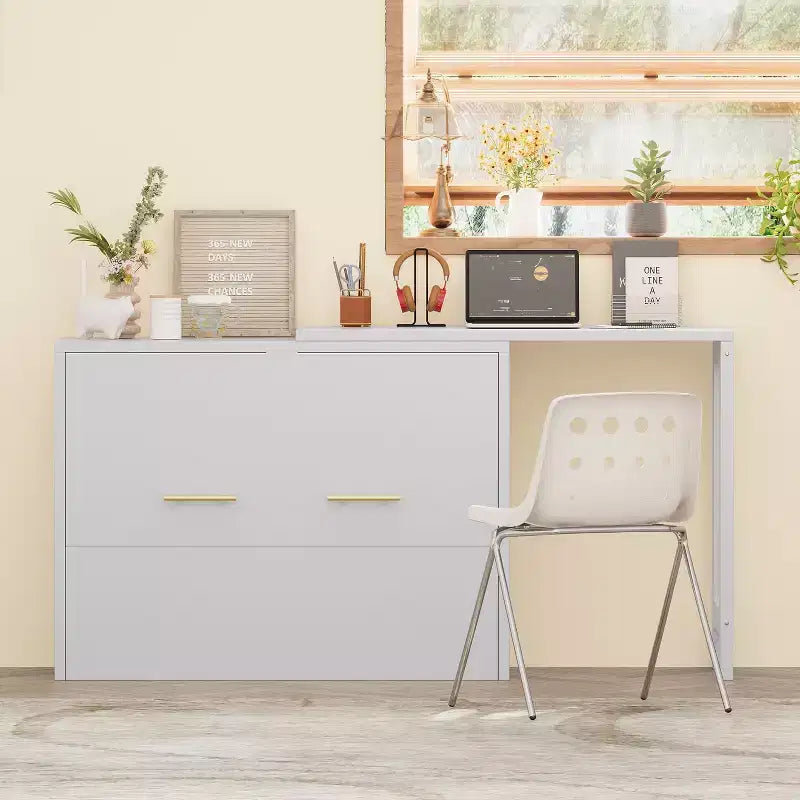 Lit escamotable double avec bureau et commode – Comprend un coussin pliable