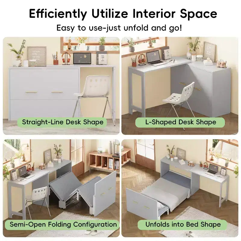 Lit escamotable double avec bureau et commode – Comprend un coussin pliable